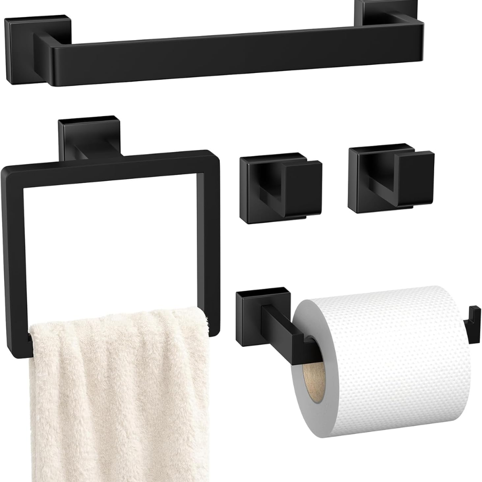 5-Pieces Matte Black Bathroom Hardware Accessories Set SUS304 Stainless Steel Bath Towel Bar Set Wall Mounted