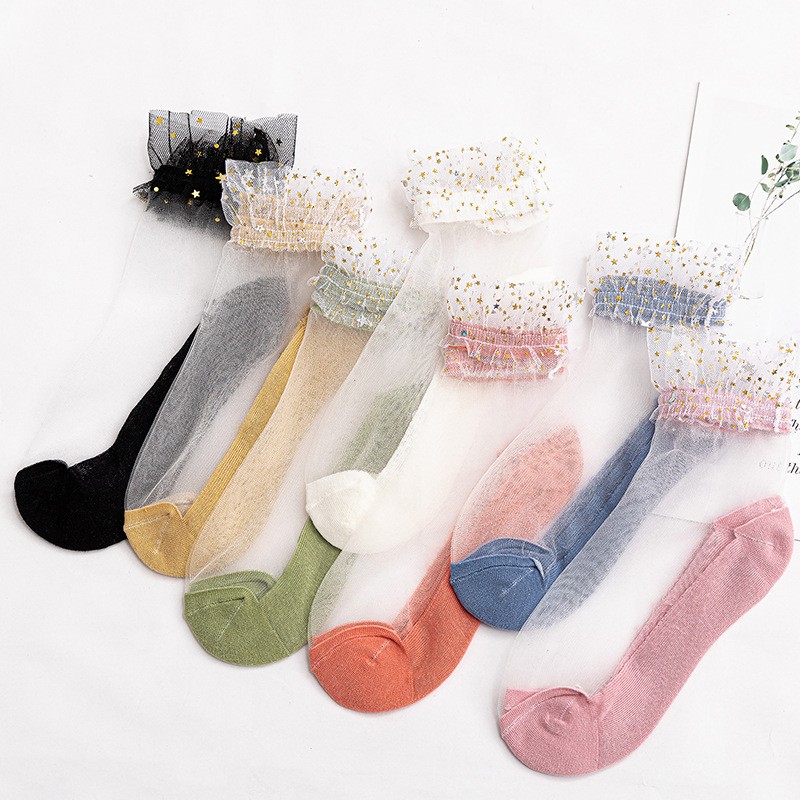 Star Chiffon Short Socks For Women, Ultra-thin Transparent Glass Fiber Starry Crystal Socks