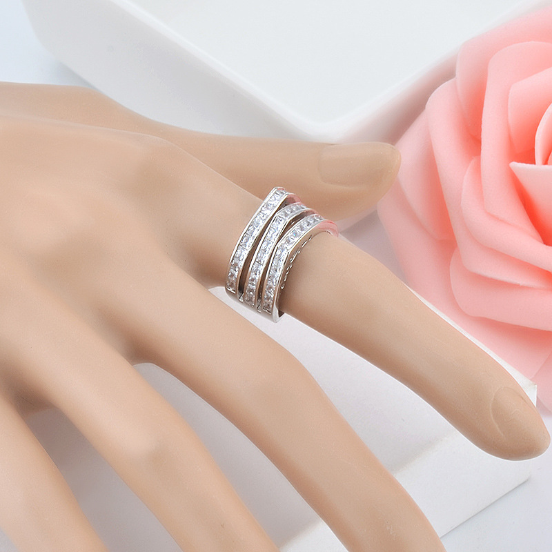 Silver-plated Full Diamond Ring Flashing Three-layer Geometric Square Zircon Ring