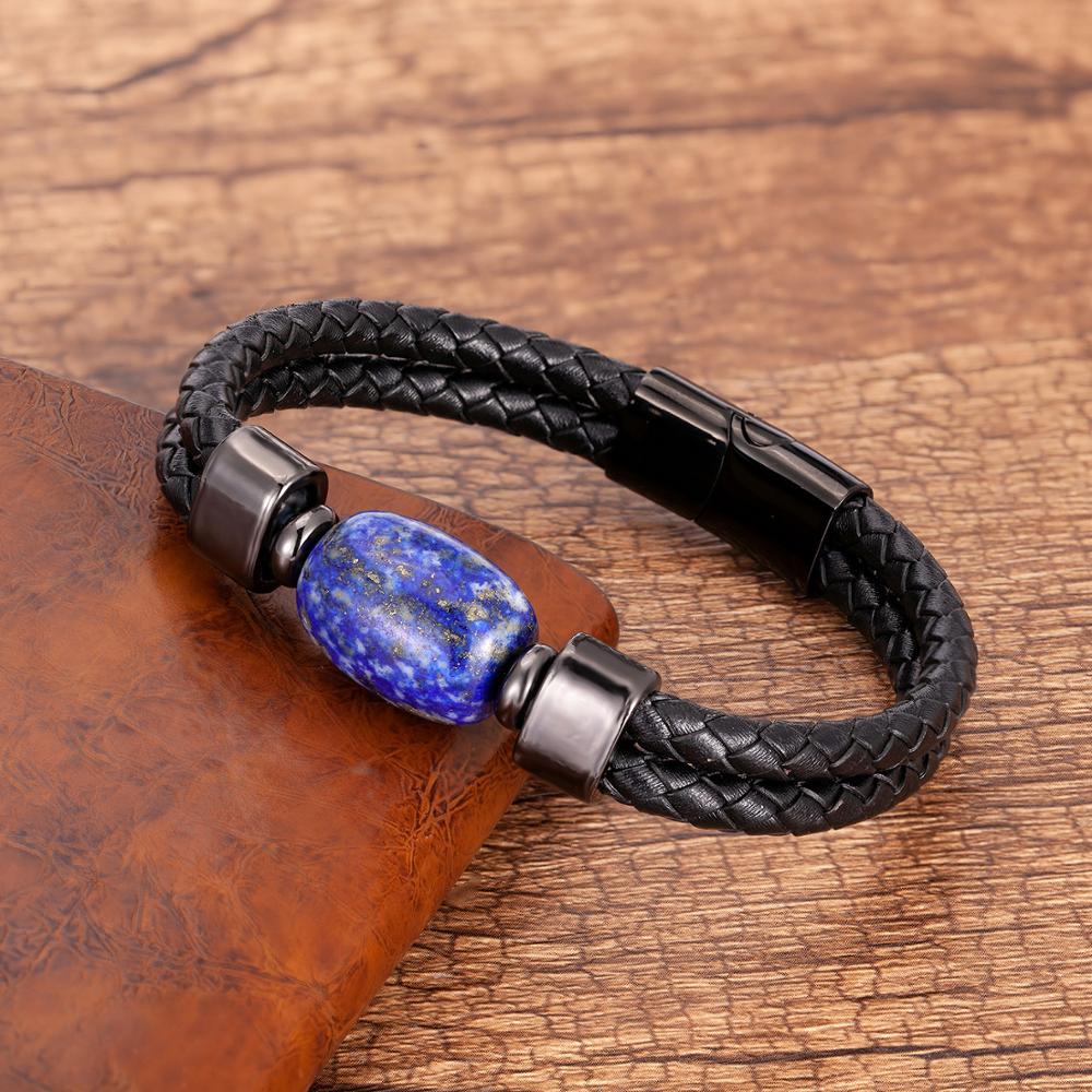 Woven Single Layer Beads Stone Leather Rope Bracelet Metal Buckle
