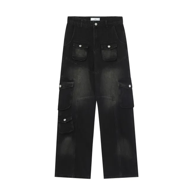 Men's Solid Color Multi pocket Cargo Jeans Black - Shop at LoveMi