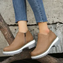 Women Ankle Boots Round Toe Low Heel Zipper Shoes - Khaki - View 1