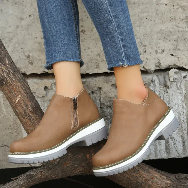 Women Ankle Boots Round Toe Low Heel Zipper Shoes Khaki - Shop at LoveMi