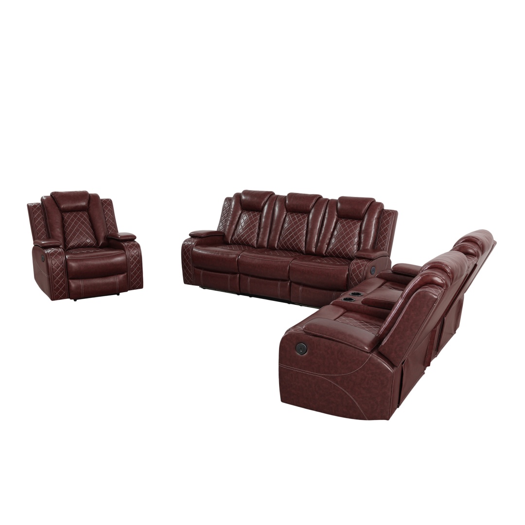 Pickup Only--Red Breathing Leather 3-Piece Living Room Recliner Sofa Set