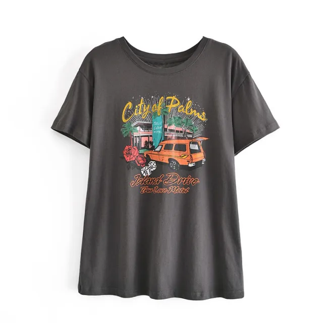 Retro American Printed Short Sleeve Women's Summer Black - Shop at LoveMi