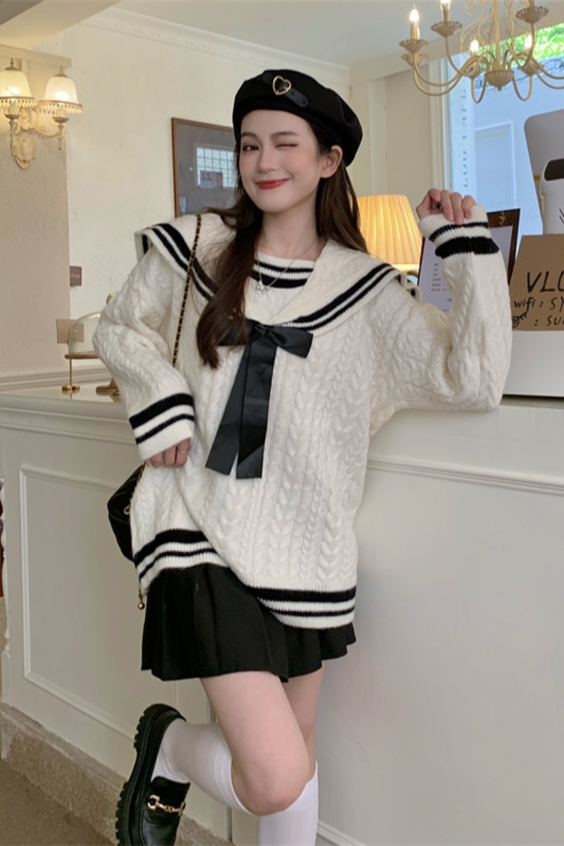 Bowknot Pullover Navy Collar Sweater