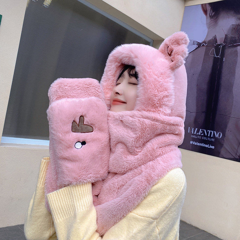 Three-piece Female Thickened Warm Cartoon Cute Plush Ear Protection Gloves