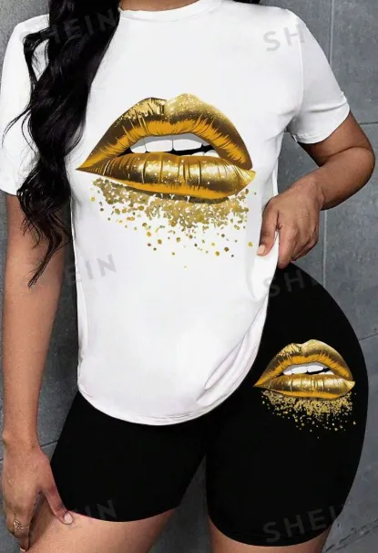 Women's Summer Casual Set Gold Lips Print Round Neck Short Sleeve T Shirt And Shorts White - Shop at LoveMi