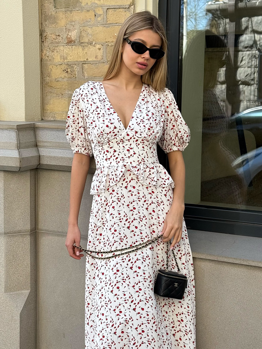 Printed Waist-cinching Puff Sleeve Dress - Image 8