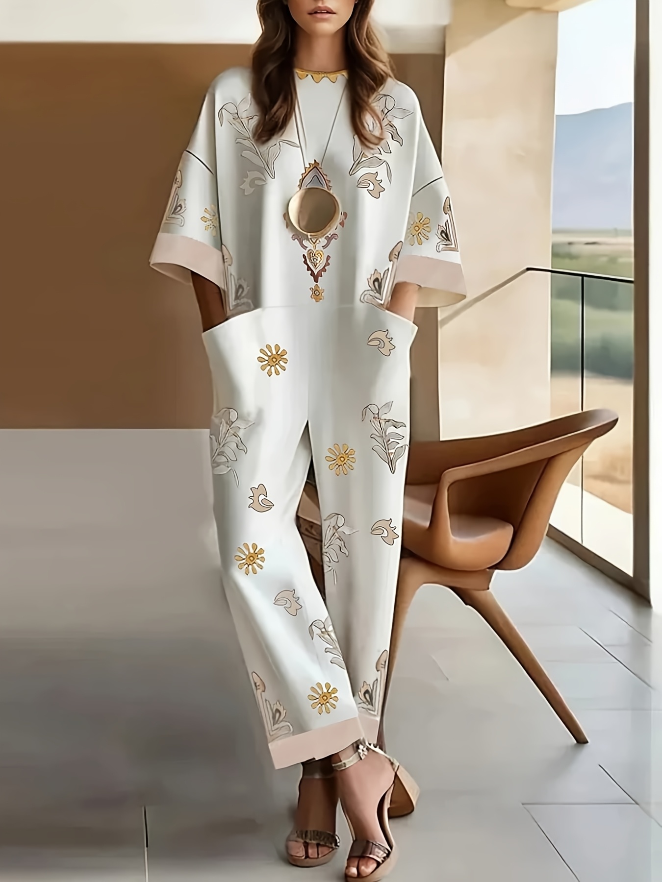 Women's Short-sleeve Long Casual Jumpsuit With A Round Neck And Wide-leg Fit