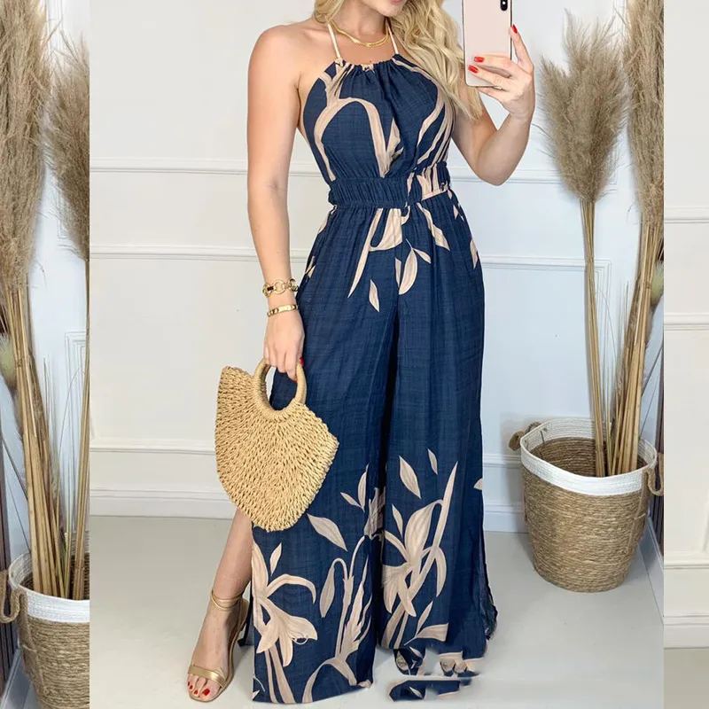 European And American New Dark Blue Printed Halter Jumpsuit - Dark Blue