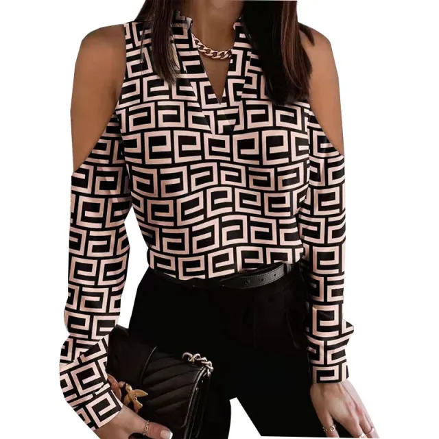 Long Sleeve Off shoulder Long Sleeve Printed Shirt Maze Grid L - Shop at LoveMi