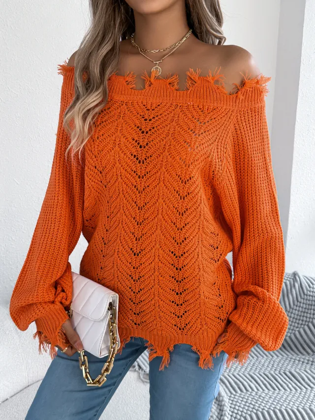 Women Solid Color Hollow Out Long Sleeve Distressed Off Shoulder Pullover Sweater Orange - Shop at LoveMi