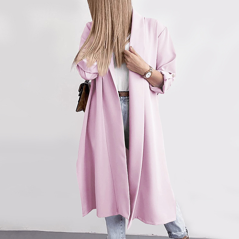 Title 7, Lengthened Solid Color Trench Coat Without Belt...