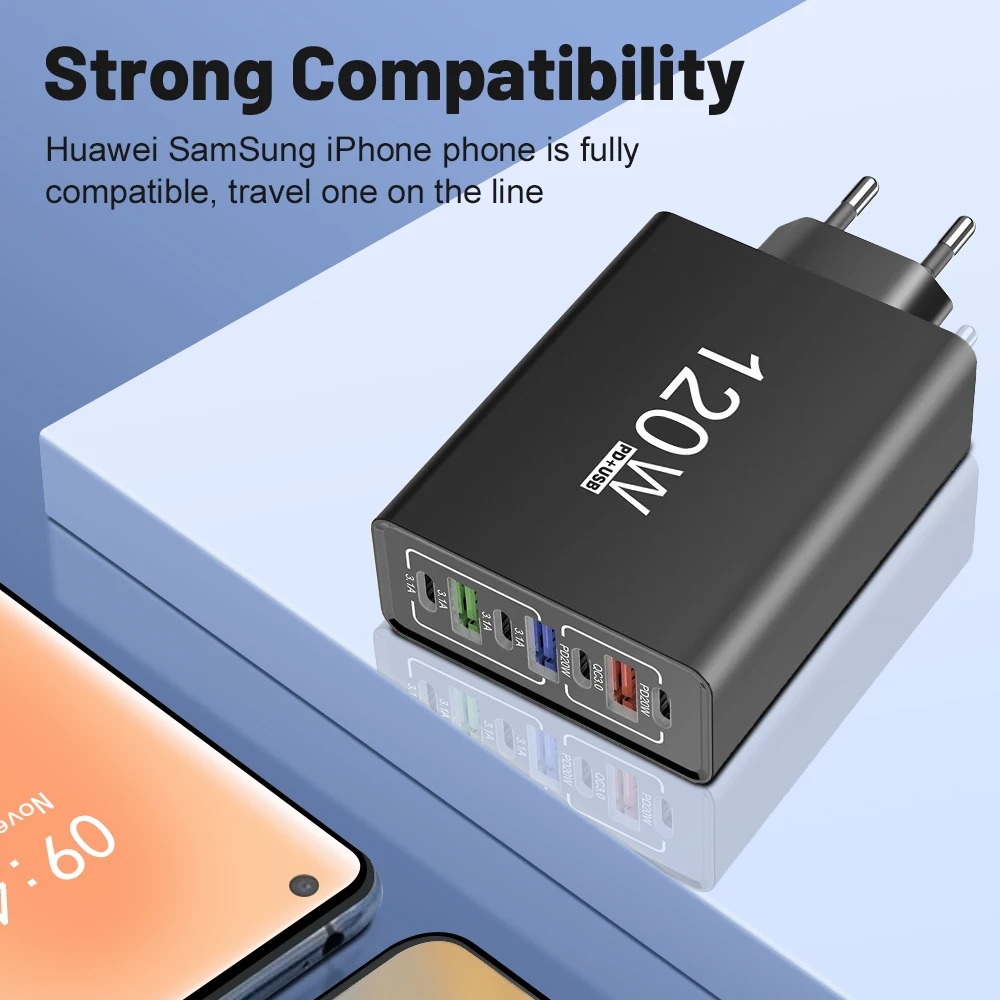 USB-C Charger, 120W Total Output, Fast Charging Function With Multiple Ports, Type-C Interface, Compatible With IPhone, Samsung, Huawei And Other Mobile Phones, European Standard Plug