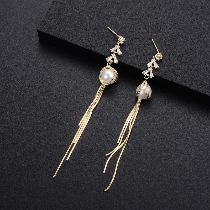 European And American Design Pearl Long Tassel Wild Earrings