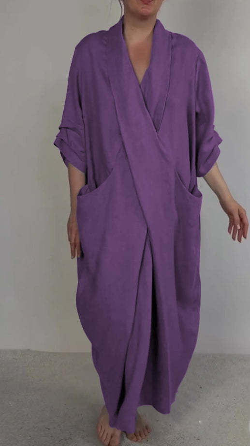 Linen Blend V-Neck Wrap Dress With Pockets