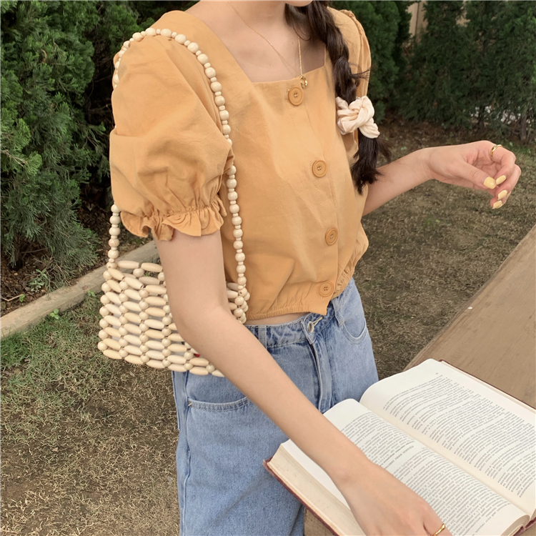 Women's Umbilical Clavicle Square Neck Puff Sleeve Short Sleeve Shirt Short Top
