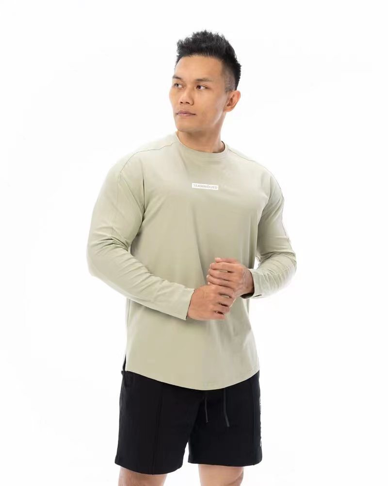 Beige SPORTS FITNESS LONG SLEEVE T-SHIRT MEN