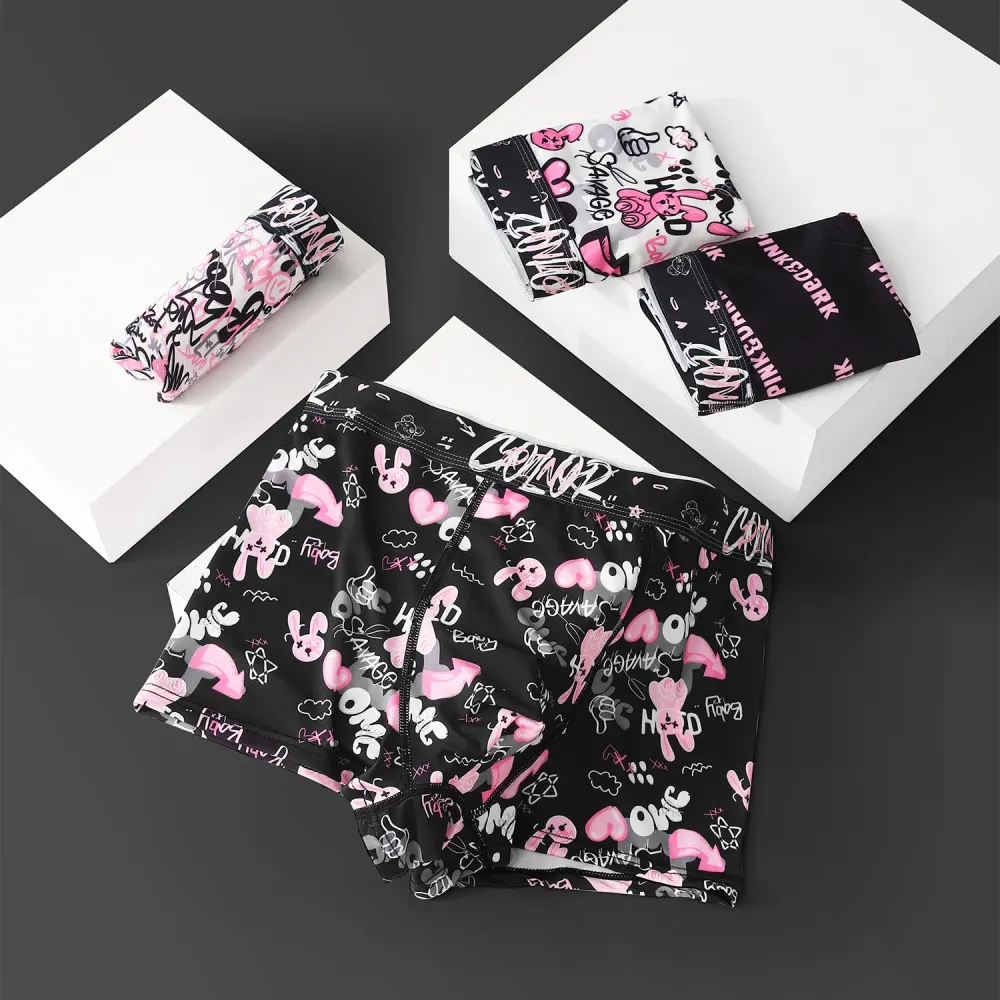 Black Pink Breathable Antibacterial Crotch Mid Waist Boxer Briefs