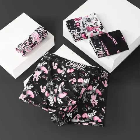 Black Pink Breathable Antibacterial Crotch Mid Waist Boxer Briefs
