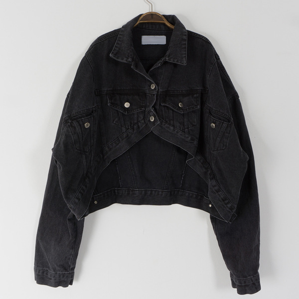 Vintage Washed Blue Curved Hem Front Short Back Long Denim Jacket