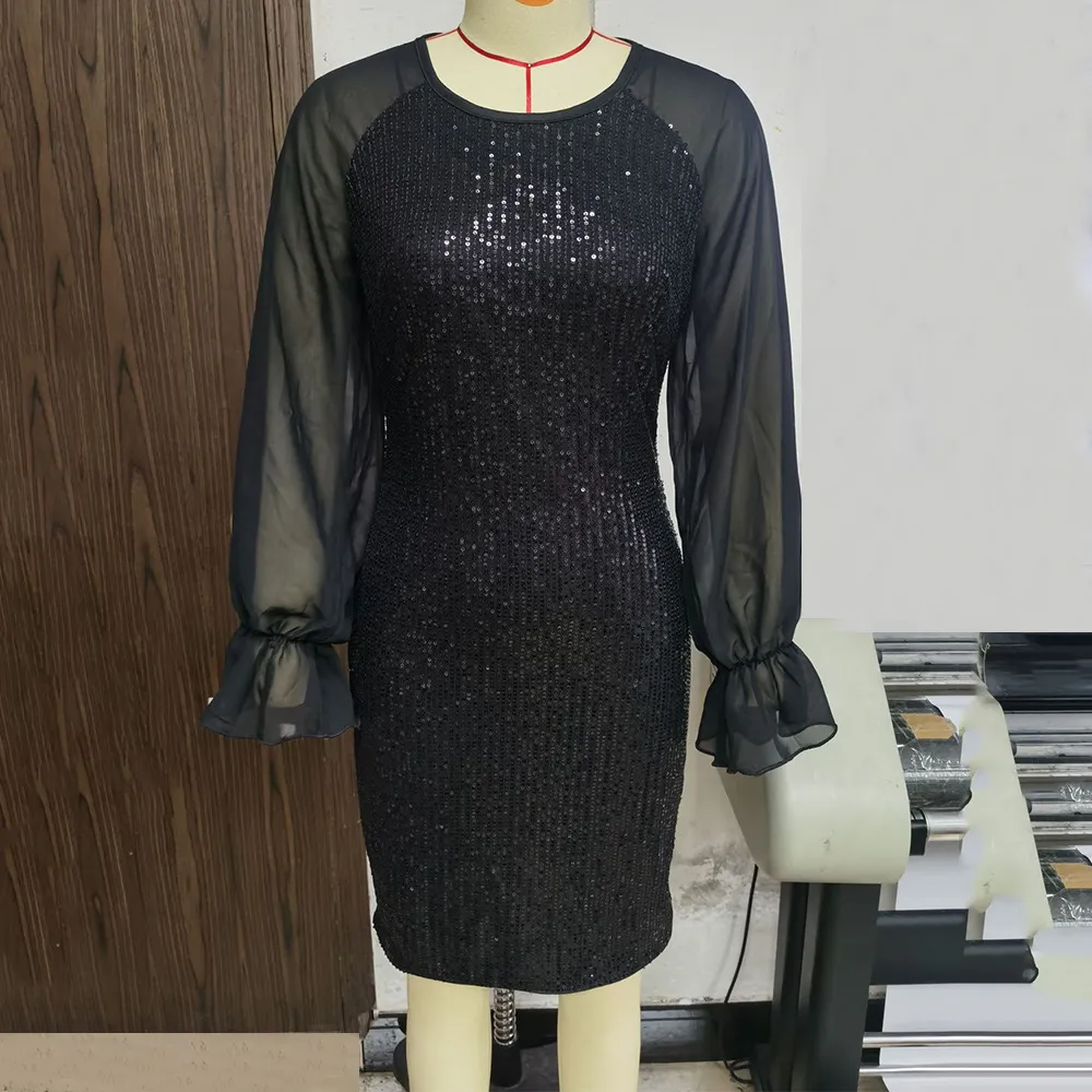 Long Sleeve Chiffon Patchwork Sequin Dress - Black