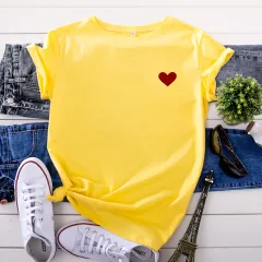 Simple And Comfortable Pure Cotton Love Short Sleeve Women - Yellow - View 1