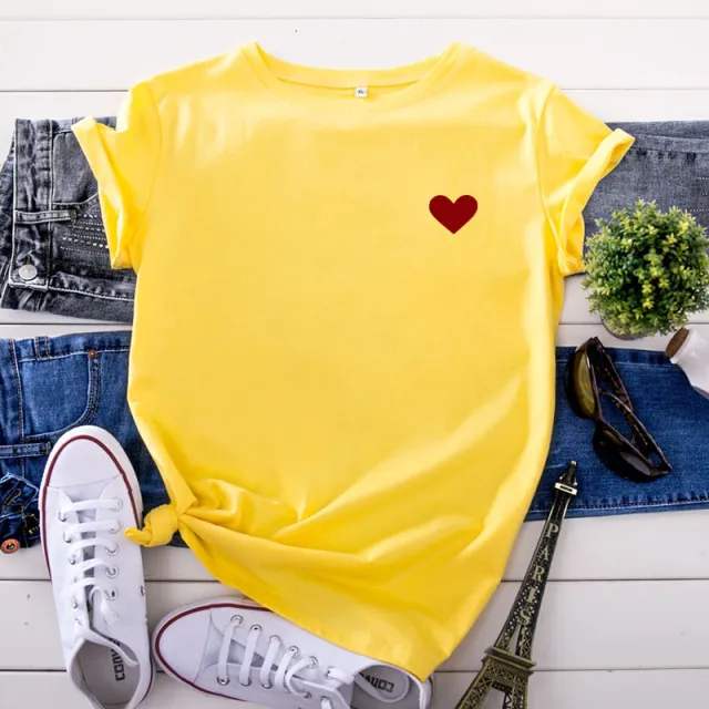 Simple And Comfortable Pure Cotton Love Short Sleeve Women Yellow - Shop at LoveMi