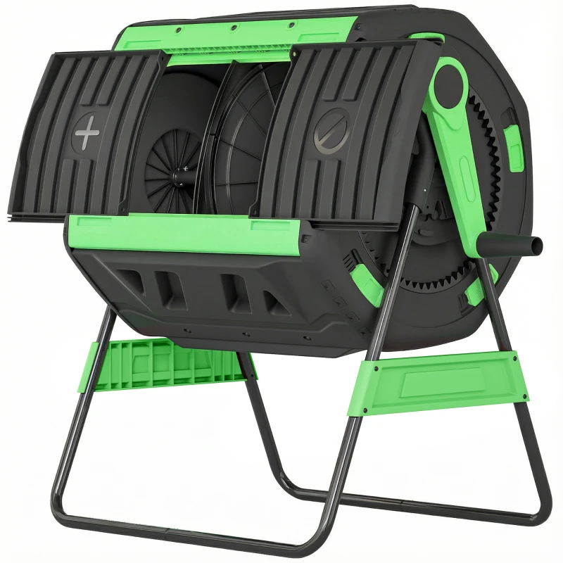 Compost Bin Outdoor, 53 Gal Dual Chamber Tumbling Composter With Adjustable Vents, BPA Free Tumbling Composter, Green