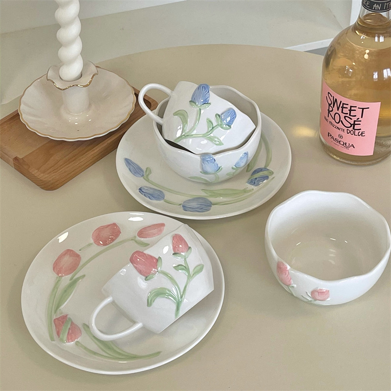 Relief Three-dimensional Tulip Retro French Ceramic Dinner Plate Breakfast Bowl