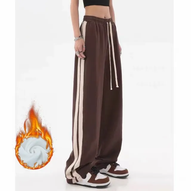 Retro Casual Women's Loose Hip Hop Wide Leg Track Pants Coffee Color Velvet Thickening - Shop at LoveMi