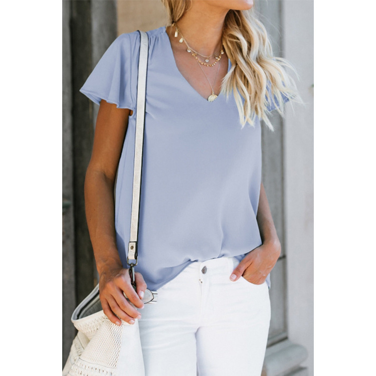 Solid Color Loose V-neck Pleated Short Sleeves