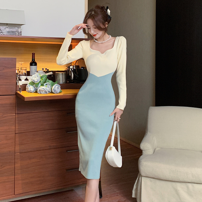 Autumn Elegant Knitted Contrast Color Slim Fit Sheath Dress