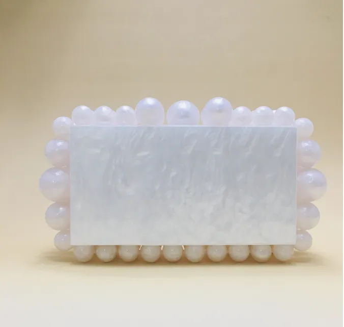 Large And Small Pearl Acrylic Marbled Clutch - White