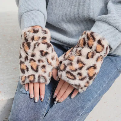 Women's Cute Leopard Print Fleece Fingerless Gloves Beige - Shop at LoveMi