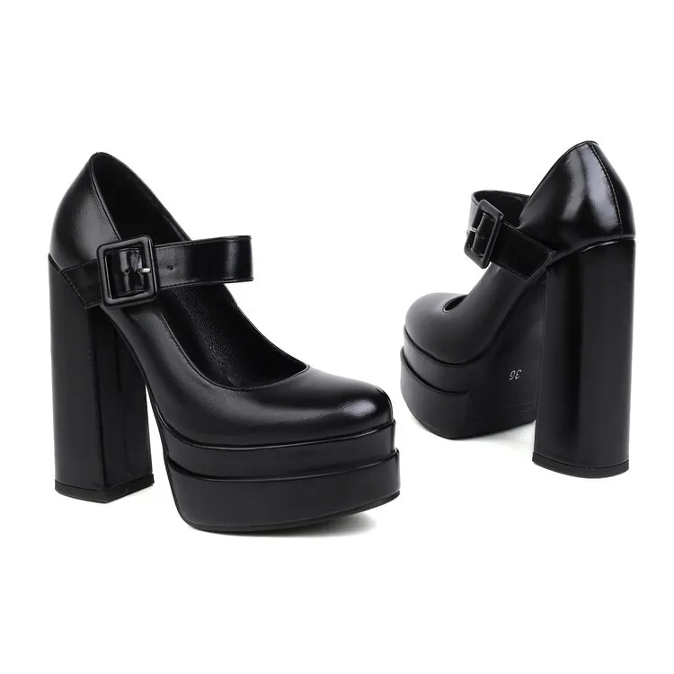 Women's Fashion Pointed Toe Chunky Heel Platform Shoes - Black