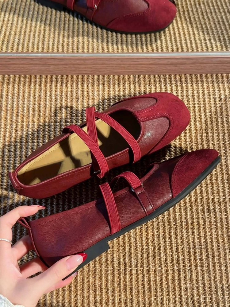 Women's Colorblock Cross Strap Mary Janes, New Square Toe Soft Sole Flat Pumps, Retro Silver Ballet Shoes