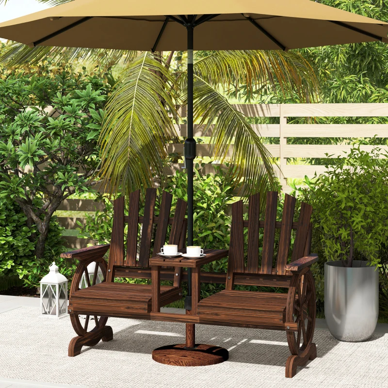 2-Seat Wooden Garden Bench With Table, Umbrella Hole, High Backrest, Armrests For Backyard, Patio, Garden, Carbonized