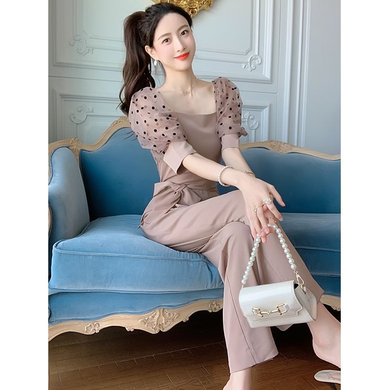 Temperament High Waist Puff Sleeve Wide Leg Pants Jumpsuit