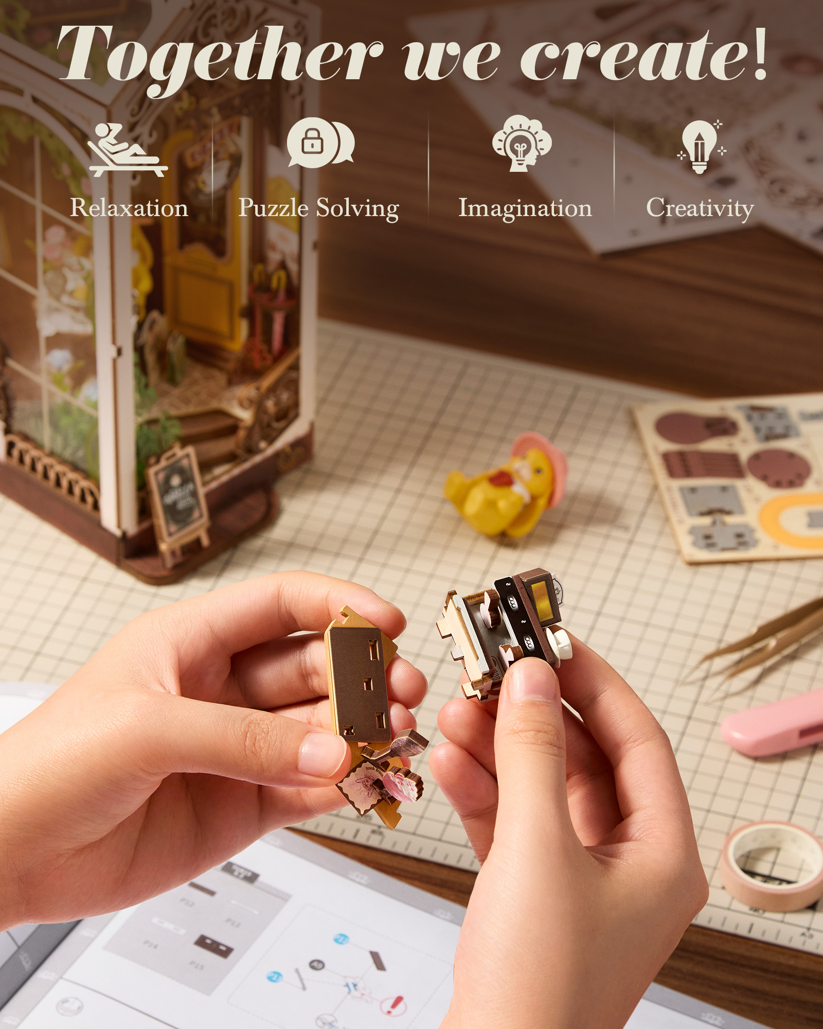 Rolife Holiday Cafe Reading Corner Set, DIY Mini House With Warm LED Lights, Glue-Free Assembly, Bookshelf Decoration, Creative Gift For Adults