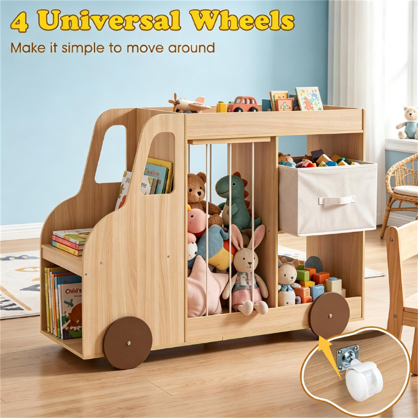 4-in-1 Kids Toy Storage Organizer With Rolling Wheels, Car Shape Wooden Bookshelf With Fabric Drawer For Playroom Nursery, Age 3- Natural — foto 5