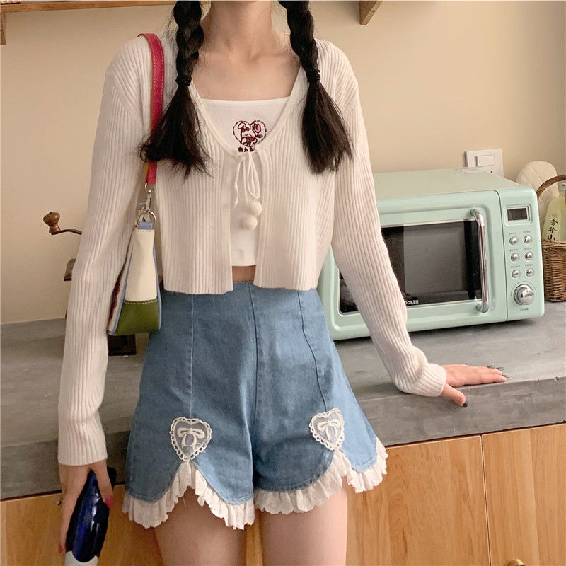 Title 4, Soft Girl Cute Love Lace Denim Wide Leg Pants S...