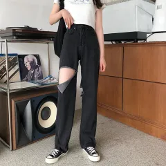 Women's Summer High Waist Loose Ripped Jeans - Black - View 1