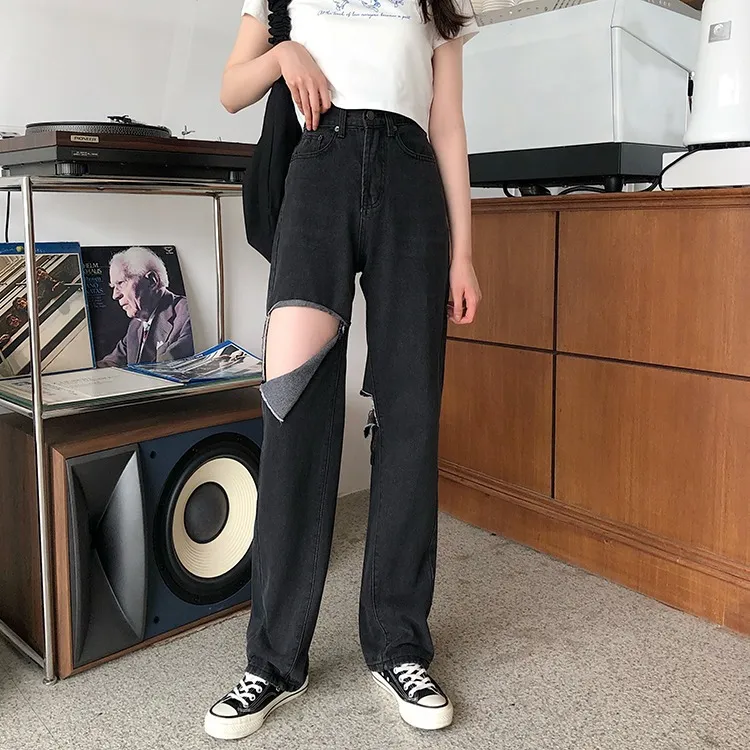 Women's Summer High Waist Loose Ripped Jeans - Black