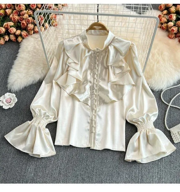 Bell Sleeve Stand Collar Acetate Satin Shirt French Style Design Loose Top For Women Apricot - Shop at LoveMi