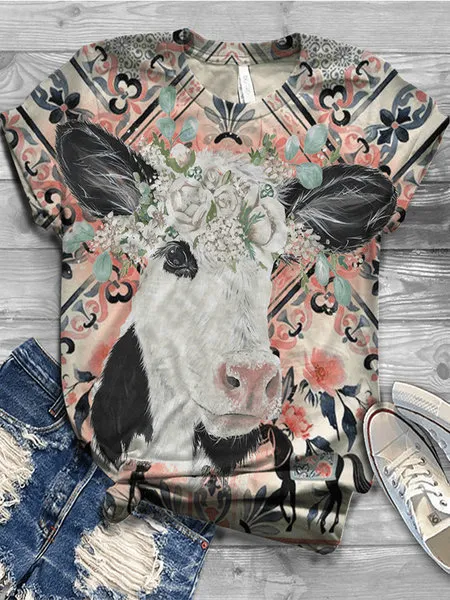 European And American Animal Printed Short Sleeved T shirt Black Cow - Shop at LoveMi