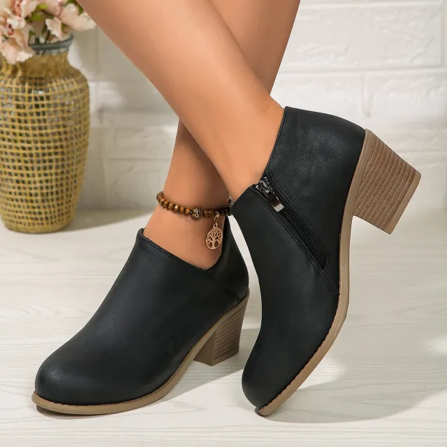 Chunky Heel Round Toe Ankle Boots With Side Zipper Design Fashion Fall Winter Short Boots For Women Shoes Black - Shop at LoveMi