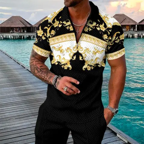 Men's Summer Fashion 3D Printed Short Sleeve Geometric Zip