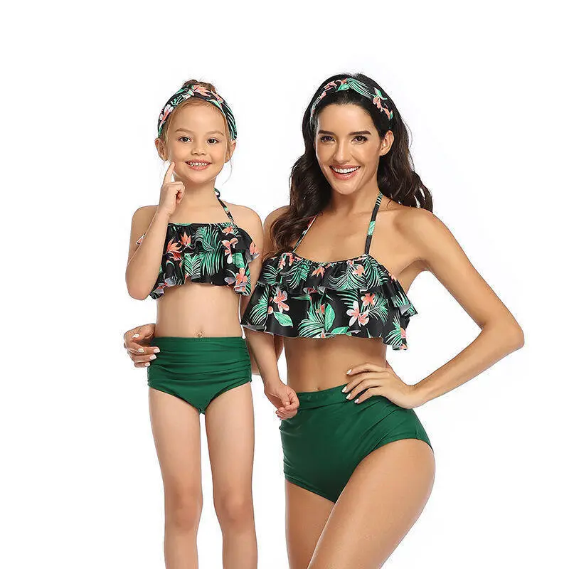 Parent-child Swimsuit Printed High Waist Bikini Ruffled Mother And Daughter Swimwear - Frangipani-Child152
